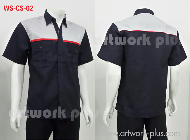 WORK SHIRT,WS-CS-02,เสื้อช็อปพนักงาน,เสื้อช็อปสีกรมท่าแต่งสีเทากุ้นแดง